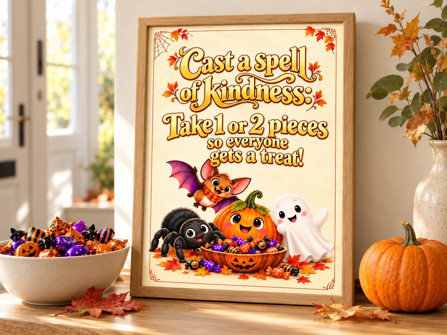 Styled preview of our Halloween treat sign in an oak frame beside sweets. Digital download only; frame and props are not included.