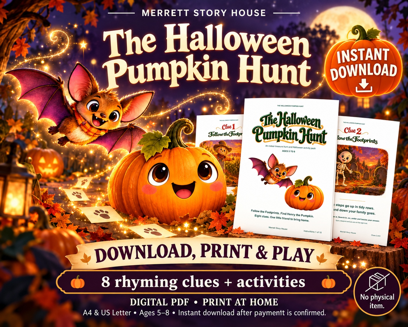 Our Halloween Pumpkin Hunt with a friendly bat, Henry the Pumpkin and printable clue pages.
