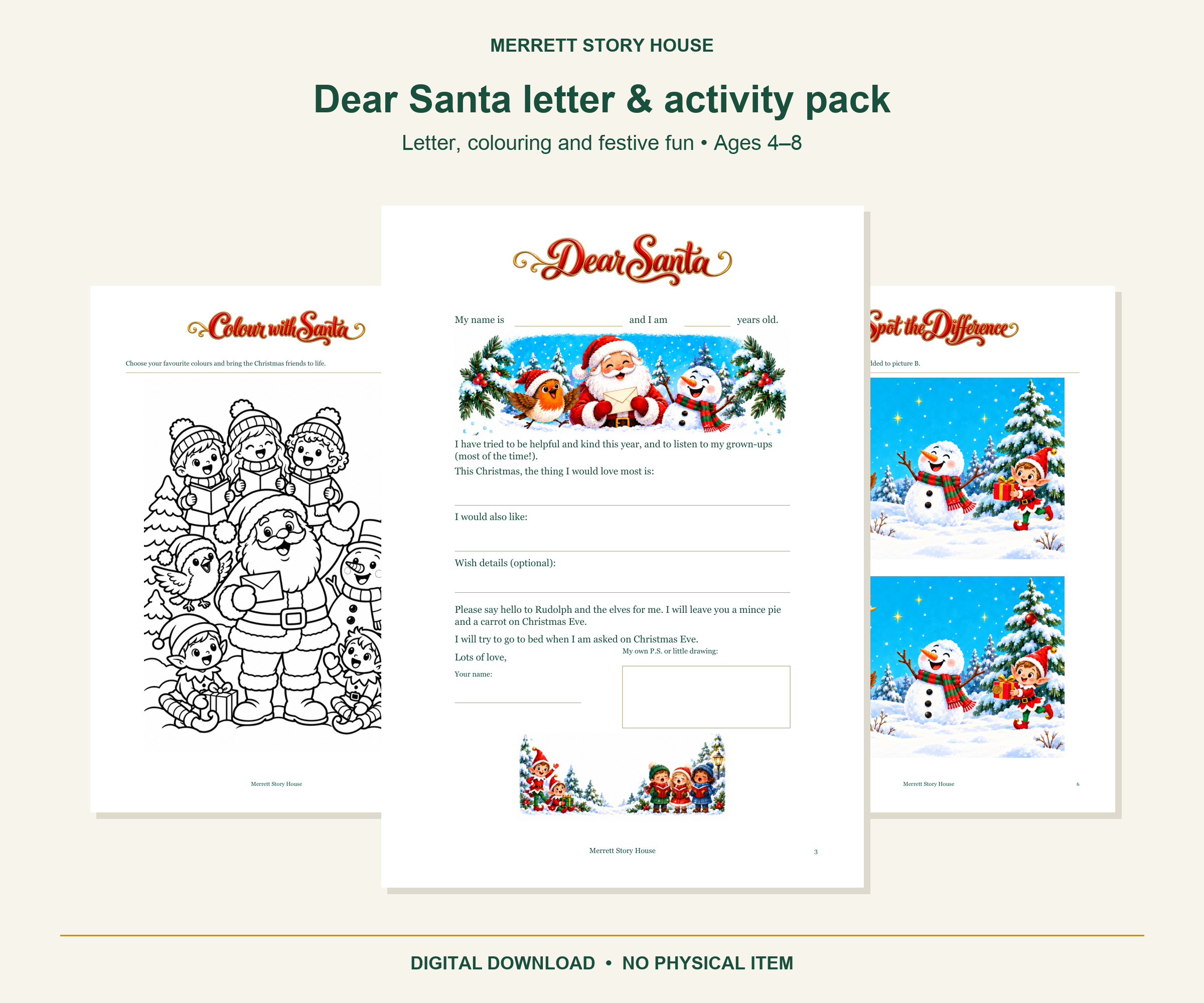 Dear Santa letter and activity pack, with a large letter page overlapping a colouring page and picture puzzle, in the matching Merrett Story House layout.