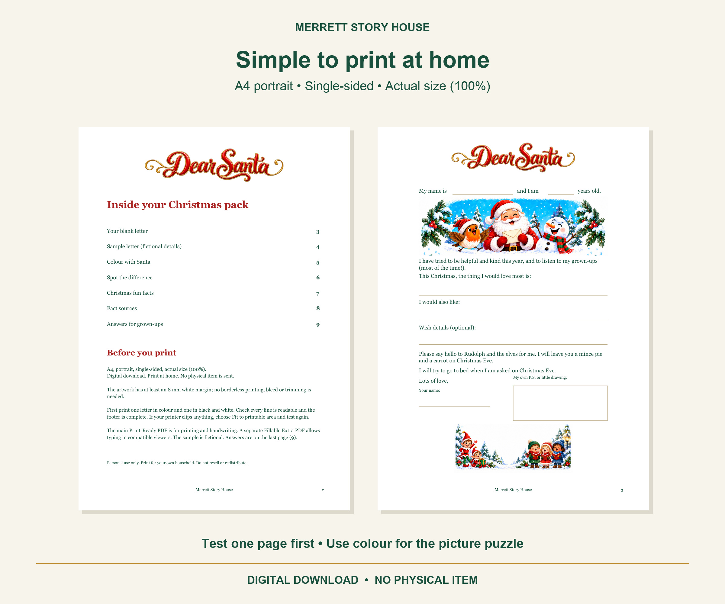 A4 printing instructions beside the blank Dear Santa letter.